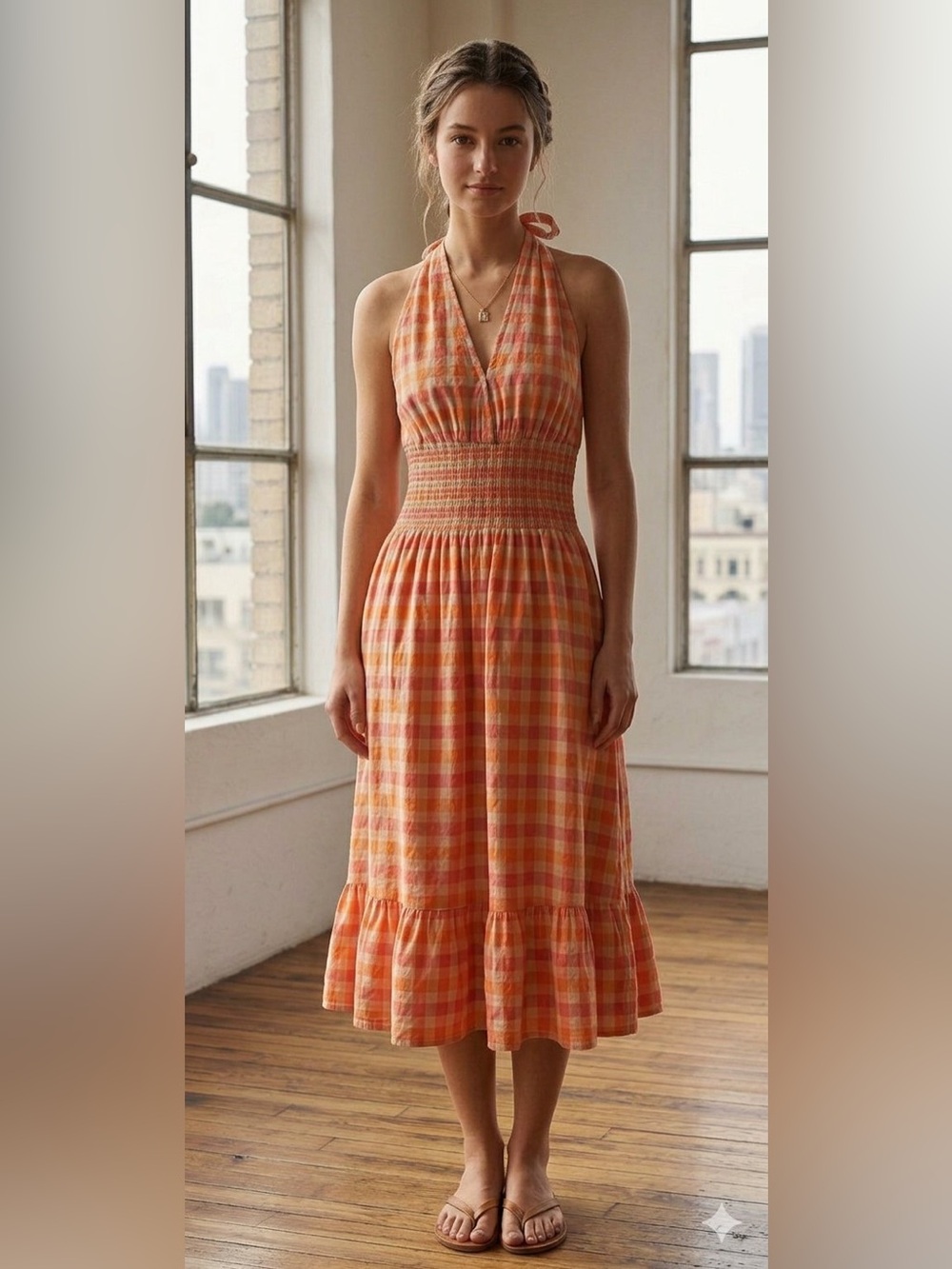 GiGio Orange Pink Gingham Halter Midi Dress Smocked Waist Cottagecore - Small